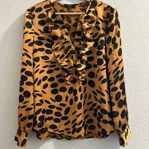 J.Crew Ruffle V-Neck Blouse Small Gold Black Polka Dot Long Sleeve Button Cuff